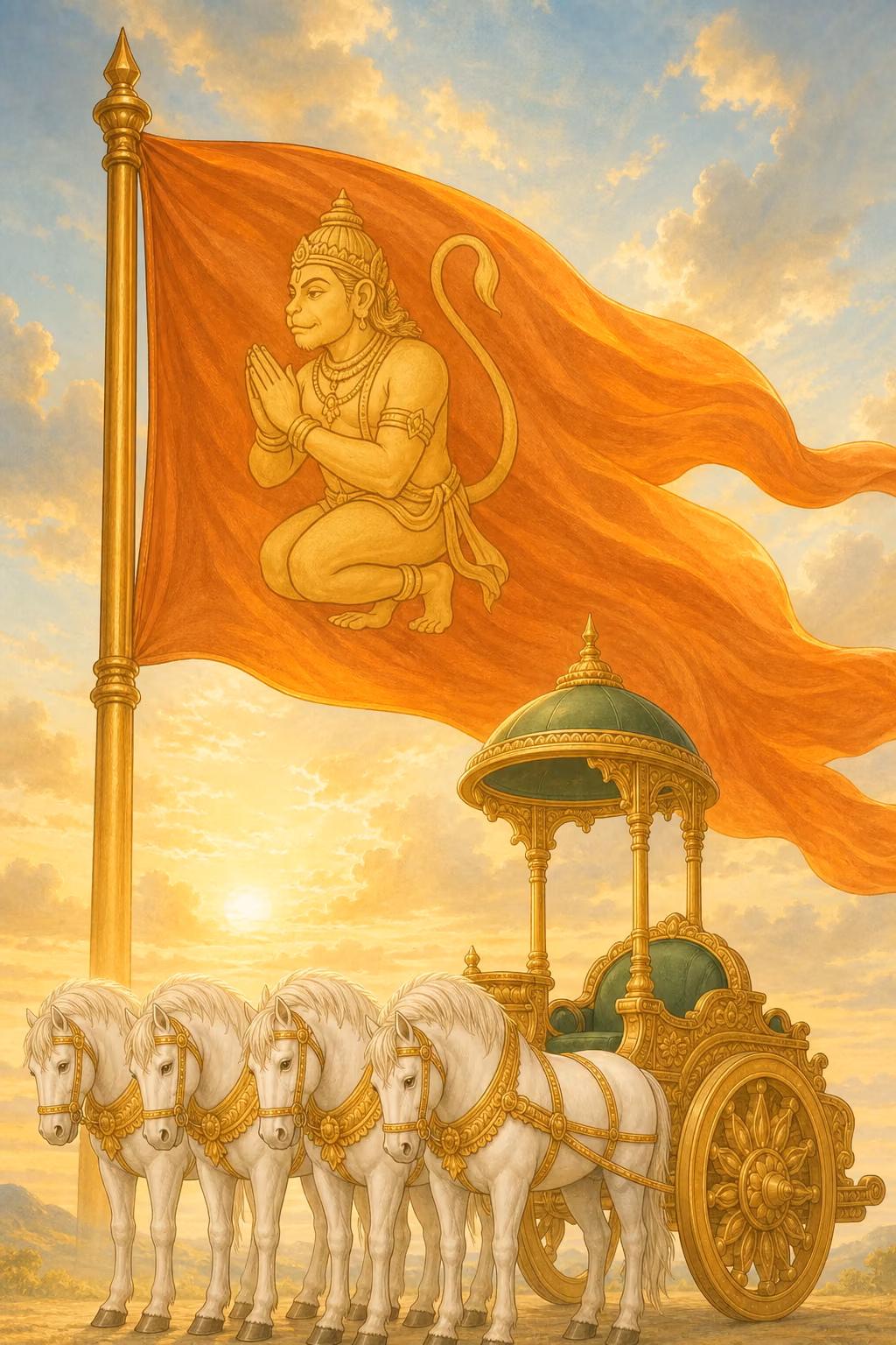 The saffron Kapi-dhvaja banner filling the frame, its dignified golden Hanuman emblem on a golden staff against a soft dawn sky.