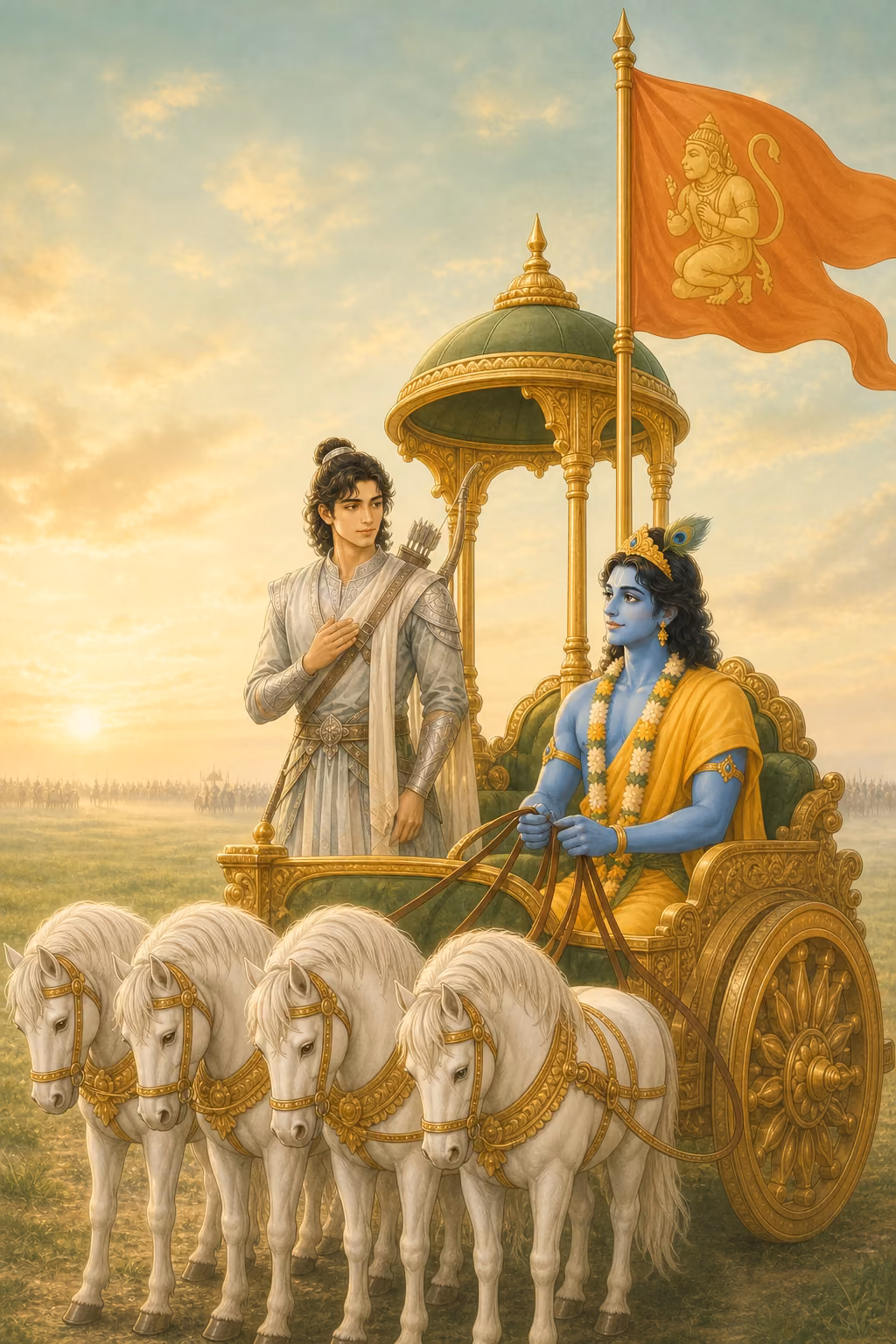 An episode scene inside the app: the chariot standing still on the dawn field, Krishna holding the reins and Parth beside him with his bow slung.